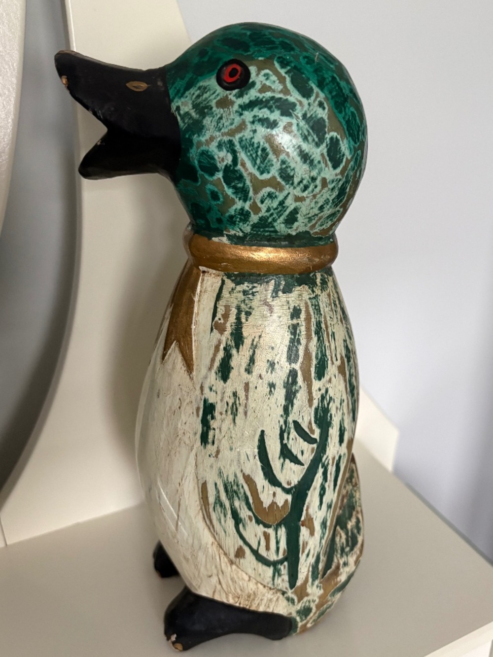 Hand Carved Wooden Mallard Duck Figurine, Distressed Painted Folk Art Cottage